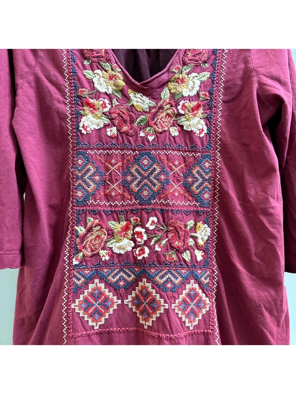 Johnny Was JWLA Boho Floral Embroidered Cotton Polyester 3/4 Sleeve Tunic Top L